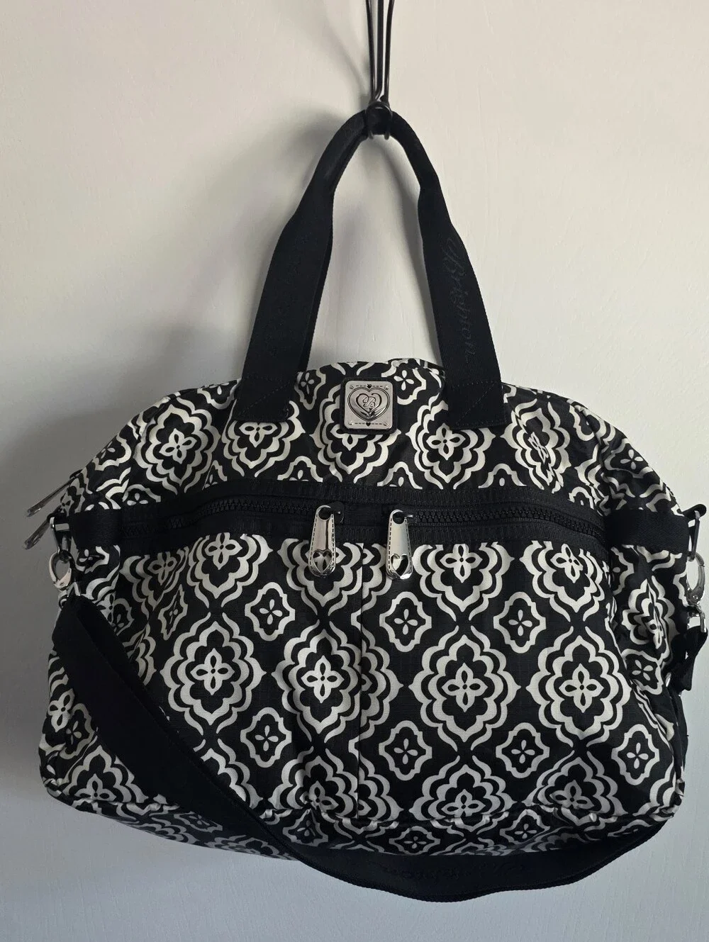Brighton Large Duffle Weekender Travel Bag Black White Medallion.